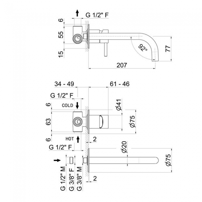 Vema Tiber 2-Hole Basin Mixer Tap Wall Mounted - Brushed Brass  | Dimension Image