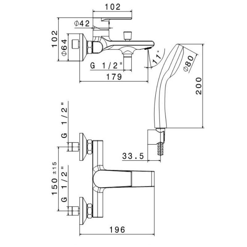 Vema Timea 2-Hole Bath Shower Mixer Tap with Shower Kit and Bracket Wall Mounted - Matt Black