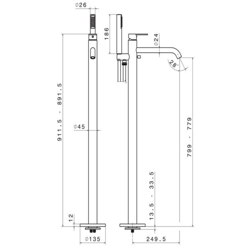 Vema Timea Freestanding Bath Shower Mixer Tap with Shower Kit - Chrome