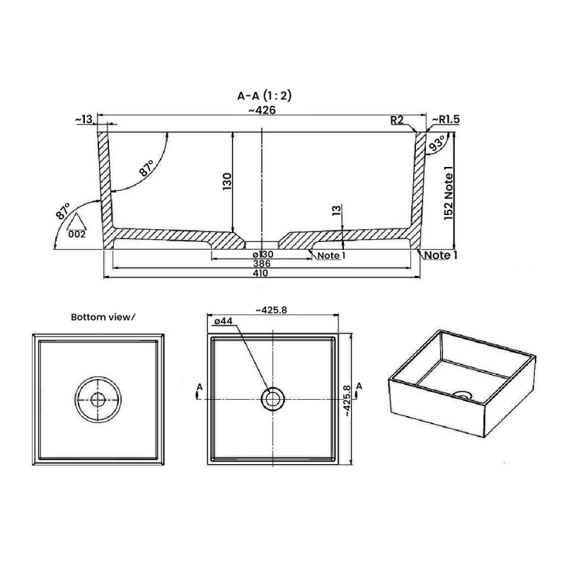 Signature Treviso Square Countertop Basin 426mm Wide - 0 Tap Hole