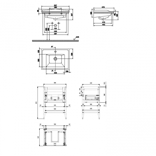 Signature Tribute Floor Standing 1-Drawer Vanity Unit with Basin 650mm Wide - Misty Blue  | Dimension Image