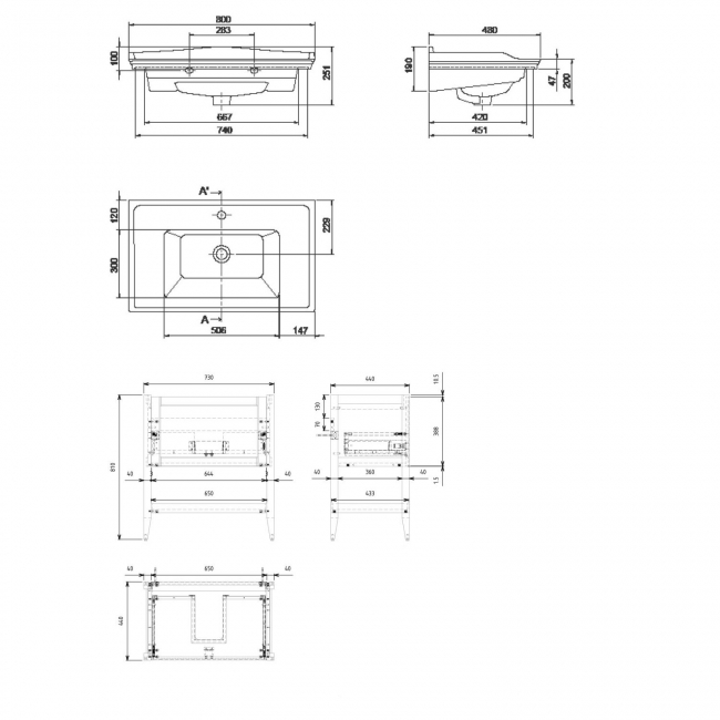 Signature Tribute Floor Standing 1-Drawer Vanity Unit with Basin 800mm Wide - Misty Blue  | Dimension Image
