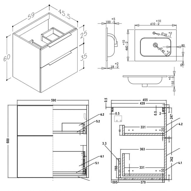 Signature Umea Wall Hung 2-Drawer Vanity Unit with Basin 610mm Wide - Matt White  | Dimension Image