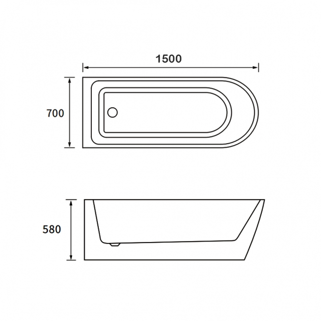Signature Vanguard Back to Wall Freestanding Bath 1500mm x 700mm 0 Tap Hole - White  | Dimension Image