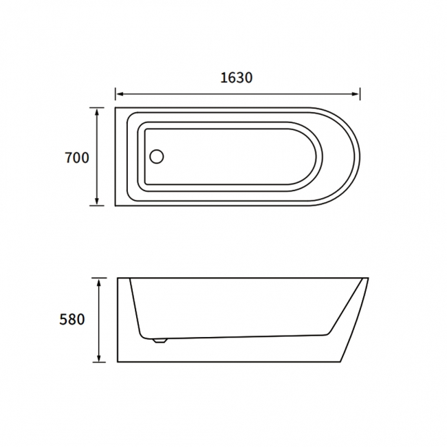 Signature Vanguard Back to Wall Freestanding Bath 1630mm x 700mm 0 Tap Hole - White  | Dimension Image