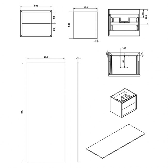 Signature Verge Wall Hung 4-Drawer Vanity Unit and Worktop 1200mm Wide - Matt Cotton  | Dimension Image