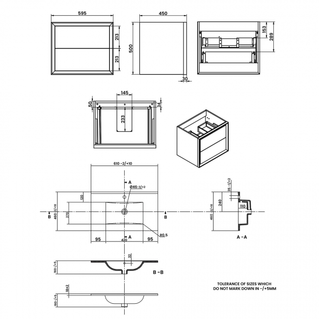 Signature Verge Wall Hung 2-Drawer Vanity Unit with Thin Edge Basin 615mm Wide 0TH - Matt White  | Dimension Image