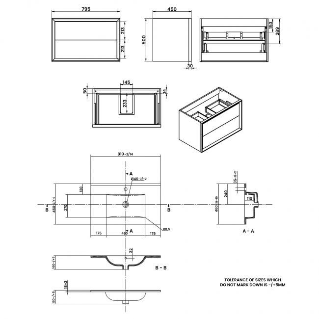 Signature Verge Wall Hung 2-Drawer Vanity Unit with Basin 815mm Wide - Matt White  | Dimension Image