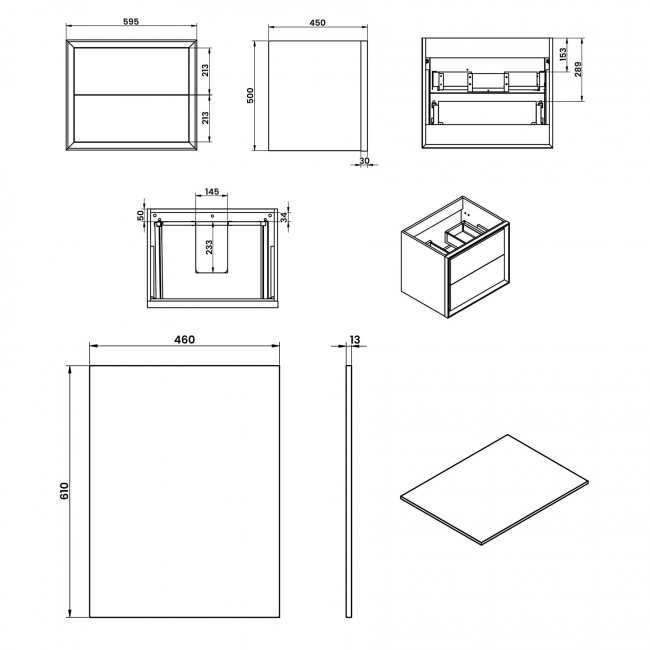 Signature Verge Wall Hung 2-Drawer Vanity Unit and Worktop 600mm Wide - Matt Storm Blue  | Dimension Image