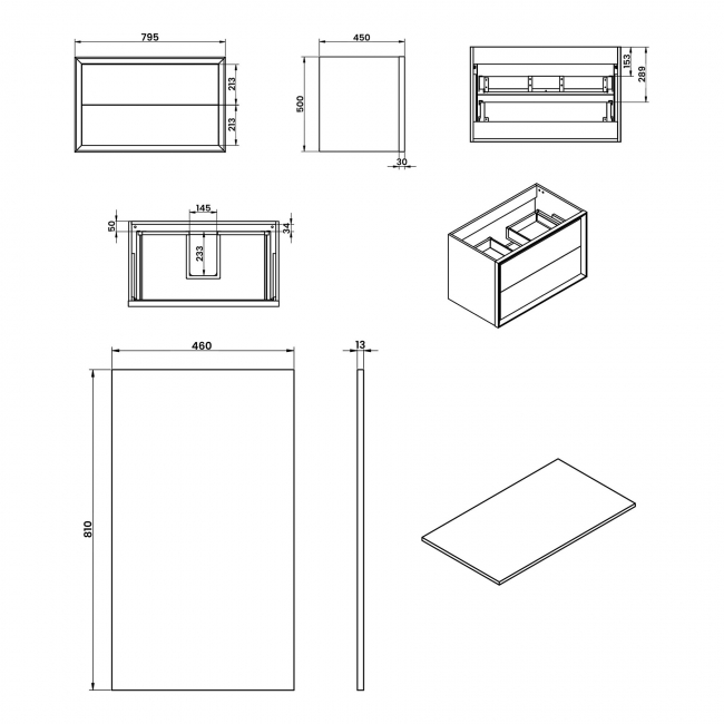 Signature Verge Wall Hung 2-Drawer Vanity Unit and Worktop 800mm Wide - Matt White  | Dimension Image