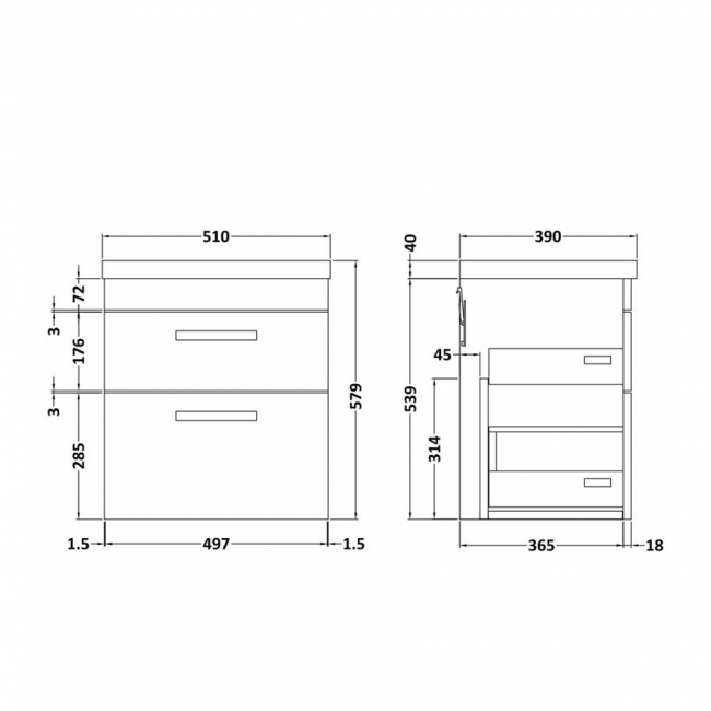 Versa Arc Wall Hung 2-Drawer Vanity Unit with Black Handle - 500mm Wide - Gloss White