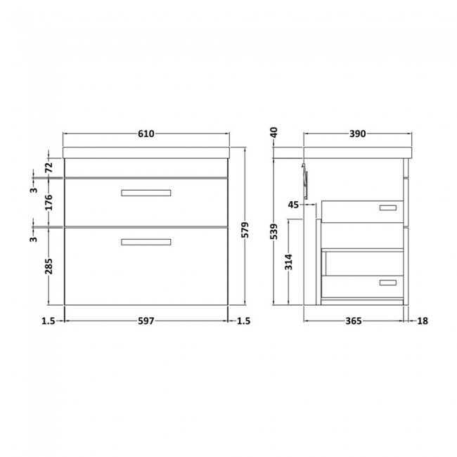 Versa Arc Wall Hung 2-Drawer Vanity Unit with Black Handle - 600mm Wide - Gloss White