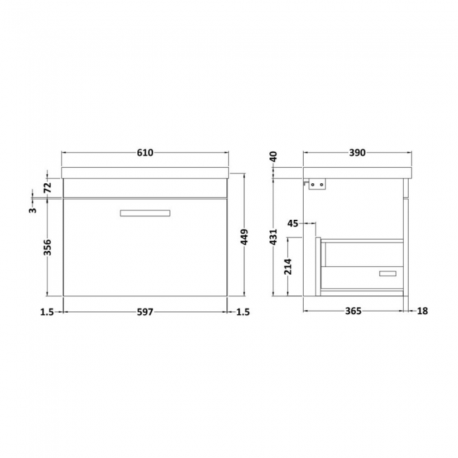 Versa Trim Wall Hung 1-Drawer Vanity Unit with Basin and Black Handle - 600mm Wide - Dark Grey