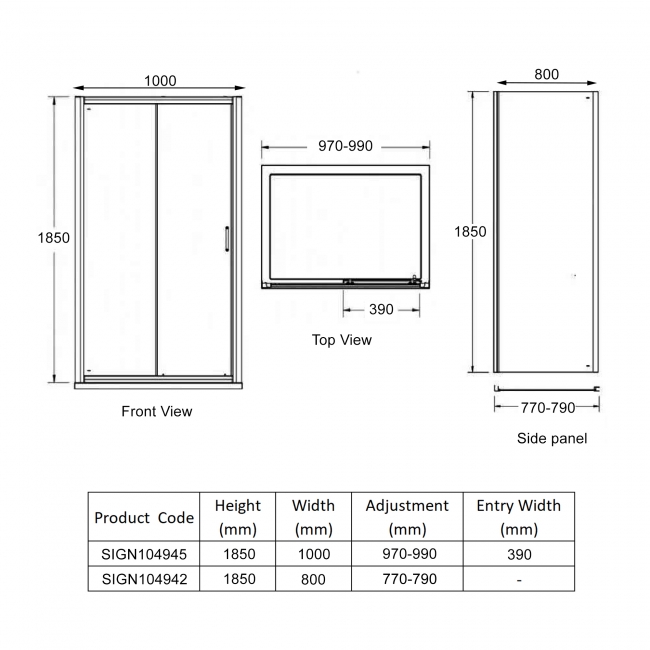 Signature Verve Black Sliding Door Rectangular Shower Enclosure 1000mm x 800mm - 6mm Glass  | Dimension Image