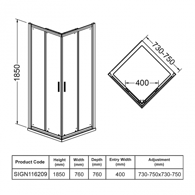 Signature Verve Easy-Fit Corner Entry Sliding Shower Enclosure 760mm x 760mm - 6mm Glass  | Dimension Image