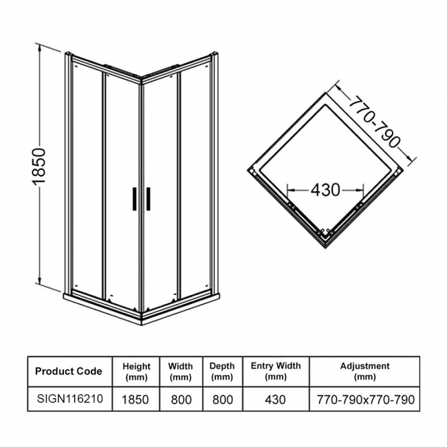 Signature Verve Easy-Fit Corner Entry Sliding Shower Enclosure 800mm x 800mm - 6mm Glass  | Dimension Image