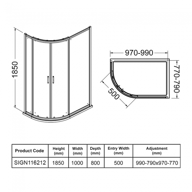 Signature Verve 2-Door Easy-Fit Offset Quadrant Shower Enclosure 1000mm x 800mm - 6mm Glass  | Dimension Image