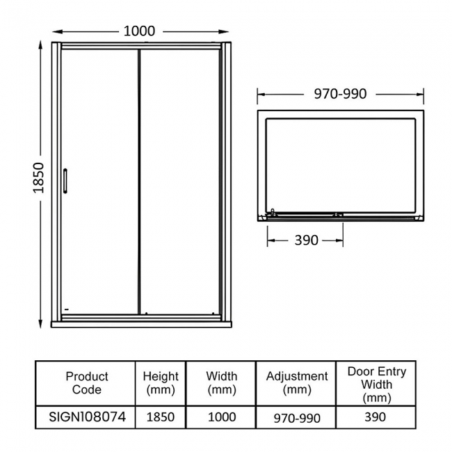 Signature Verve Easy-Fit Sliding Shower Door 1000mm Wide - 6mm Glass  | Dimension Image