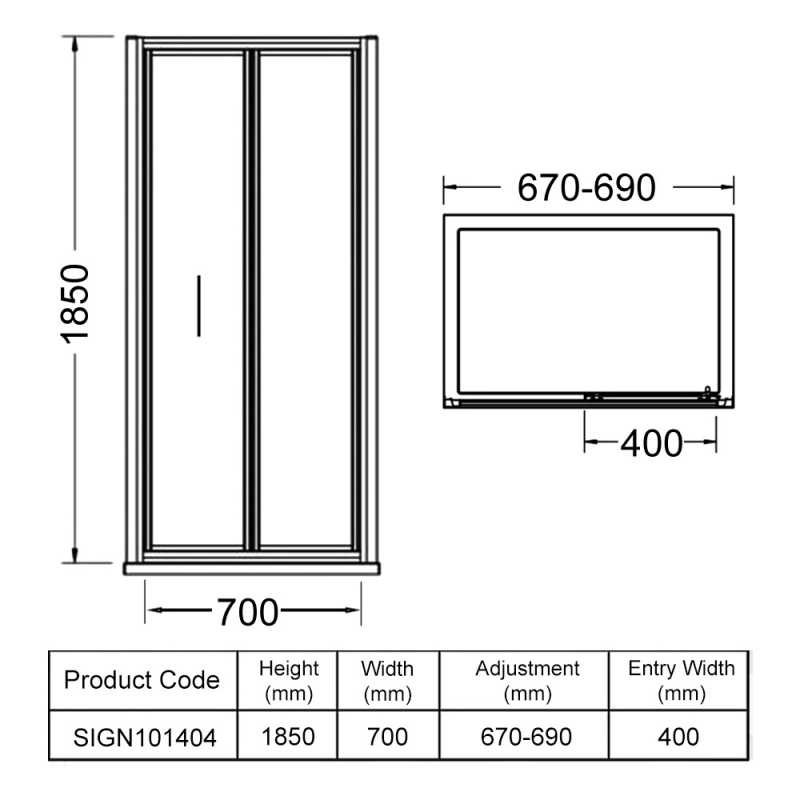 Signature Verve Bi-Fold Shower Door 700mm Wide - 5mm Glass