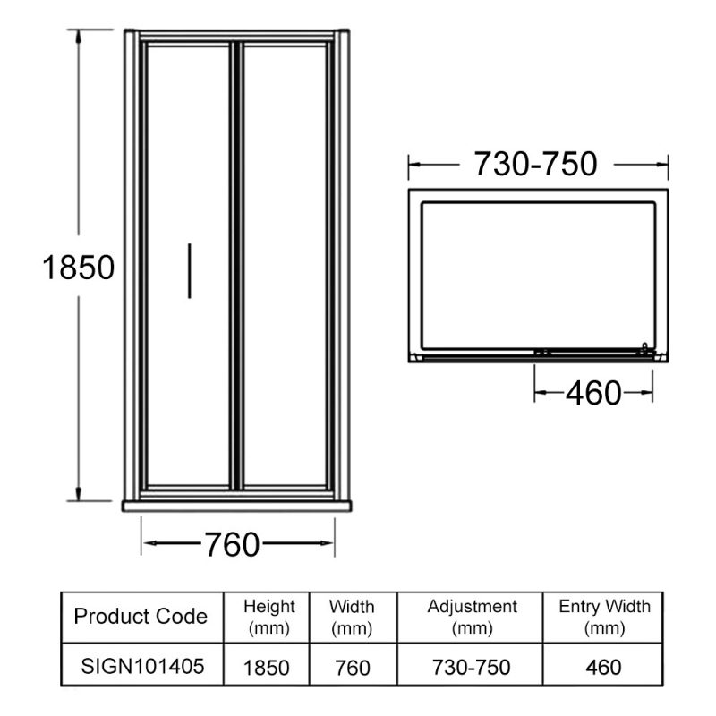Signature Verve Bi-Fold Shower Door 760mm Wide - 5mm Glass