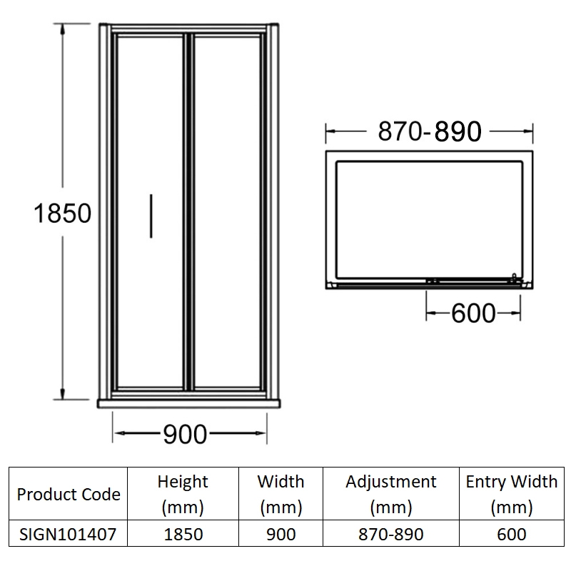 Signature Verve Bi-Fold Shower Door 900mm Wide - 5mm Glass  | Dimension Image