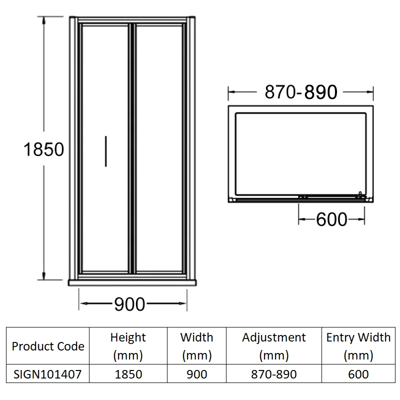 Signature Verve Bi-Fold Shower Door 900mm Wide - 5mm Glass