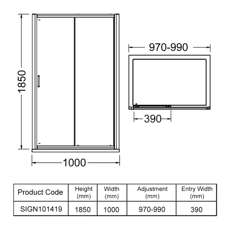 Signature Verve Sliding Shower Door 1000mm Wide - 6mm Glass