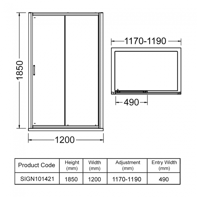 Signature Verve Sliding Shower Door 1200mm Wide - 6mm Glass