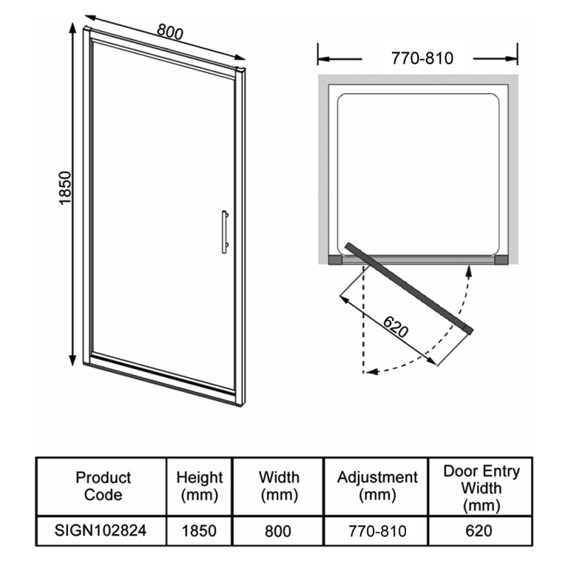 Signature Verve In-Fold Shower Door 800mm Wide - 6mm Glass