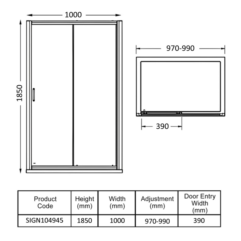 Signature Verve Black Sliding Shower Door 1000mm Wide - 6mm Glass
