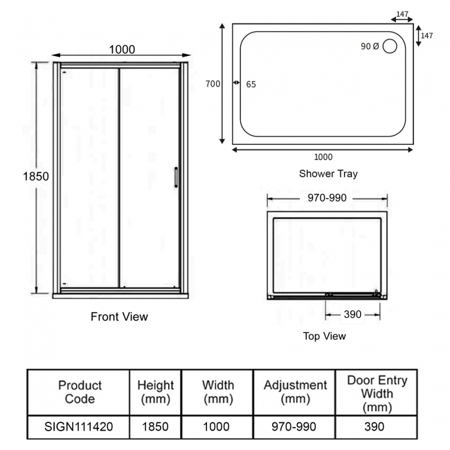 Signature Verve Easy-Fit Sliding Shower Door with Tray 1000mm x 700mm - 6mm Glass  | Dimension Image