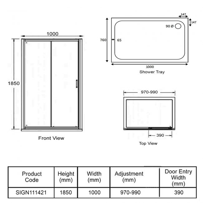 Signature Verve Easy-Fit Sliding Shower Door with Tray 1000mm x 760mm - 6mm Glass  | Dimension Image