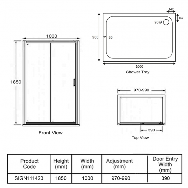 Signature Verve Easy-Fit Sliding Shower Door with Tray 1000mm x 900mm - 6mm Glass  | Dimension Image