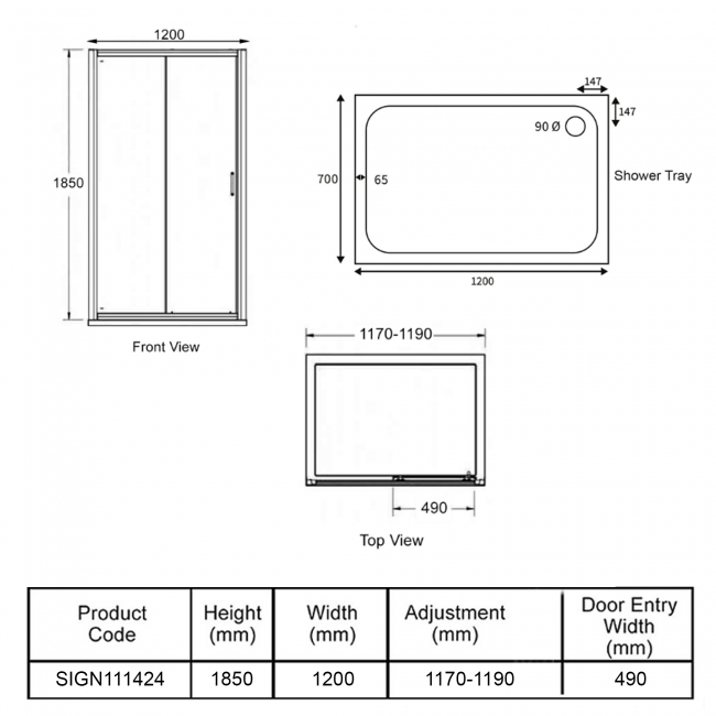 Signature Verve Easy-Fit Sliding Shower Door with Tray 1200mm x 700mm - 6mm Glass  | Dimension Image