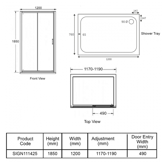 Signature Verve Easy-Fit Sliding Shower Door with Tray 1200mm x 760mm - 6mm Glass  | Dimension Image