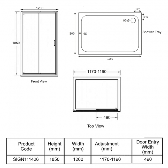 Signature Verve Easy-Fit Sliding Shower Door with Tray 1200mm x 800mm - 6mm Glass  | Dimension Image