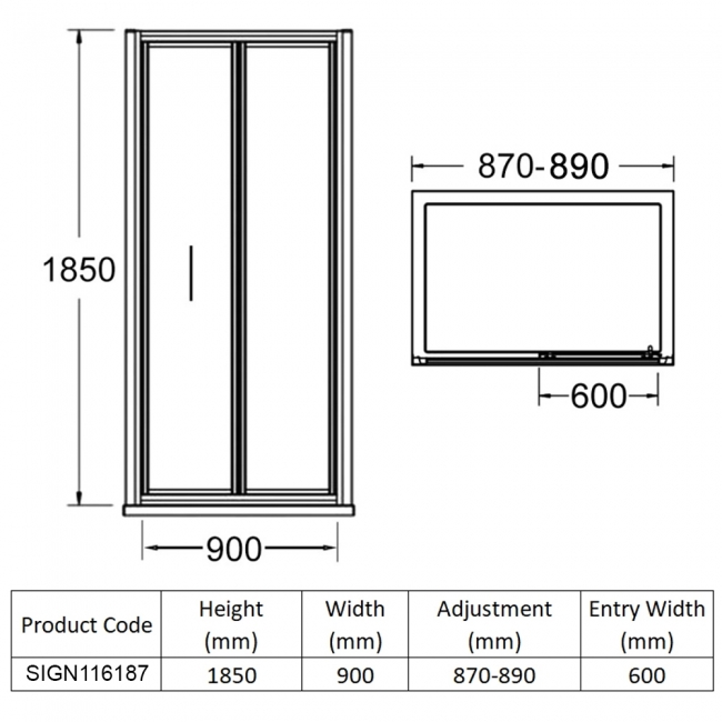 Signature Verve Matt Black Bi-Fold Shower Door 900mm - 5mm Glass  | Dimension Image