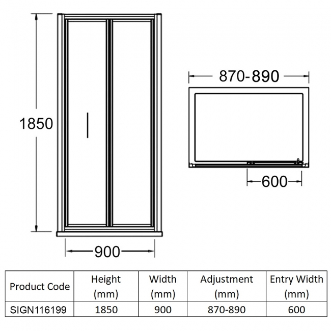 Signature Verve Brushed Brass Bi-Fold Shower Door 900mm - 5mm Glass  | Dimension Image