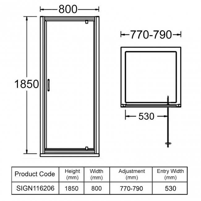 Signature Verve Brushed Brass Pivot Shower Door 800mm Wide - 6mm Glass  | Dimension Image