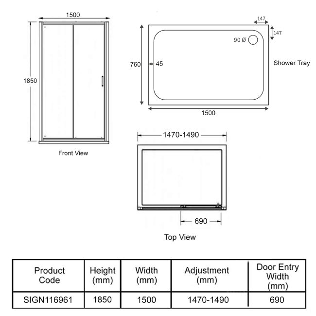 Signature Verve Easy-Fit Sliding Shower Door with Tray 1500mm x 760mm - 6mm Glass  | Dimension Image