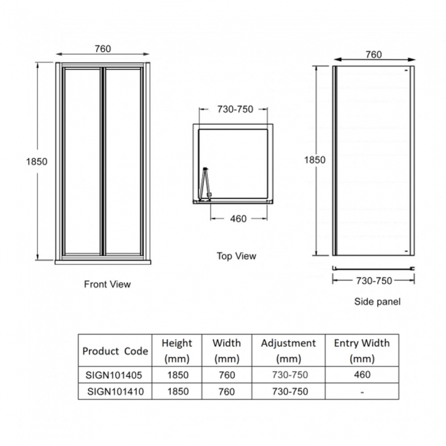 Signature Verve Bi-Fold Door Square Shower Enclosure 760mm x 760mm - 5mm Glass  | Dimension Image