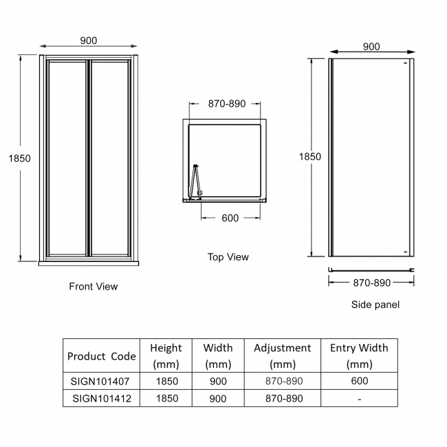 Signature Verve Bi-Fold Door Square Shower Enclosure 900mm x 900mm - 5mm Glass  | Dimension Image