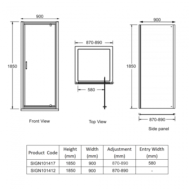 Signature Verve Pivot Door Square Shower Enclosure 900mm x 900mm - 6mm Glass  | Dimension Image