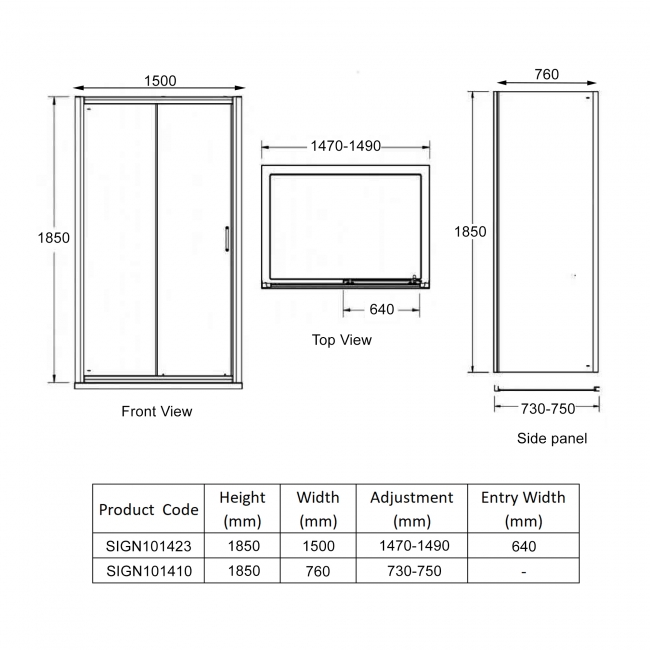 Signature Verve Sliding Door Rectangular Shower Enclosure 1500mm x 760mm - 6mm Glass  | Dimension Image