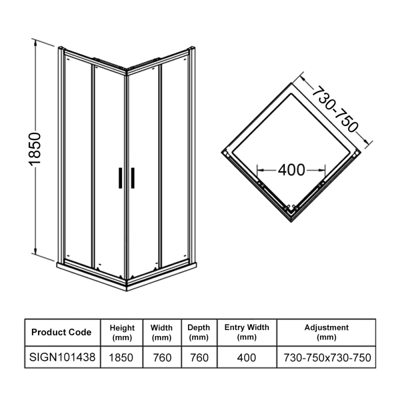Signature Verve Corner Entry Sliding Shower Enclosure 760mm x 760mm - 6mm Glass