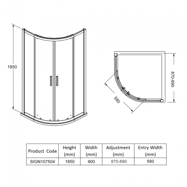 Signature Verve Brushed Brass 2-Door Quadrant Shower Enclosure 900mm x 900mm - 6mm Glass  | Dimension Image