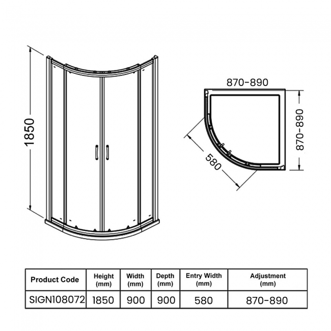 Signature Verve 2-Door Easy-Fit Quadrant Shower Enclosure 900mm x 900mm - 6mm Glass  | Dimension Image