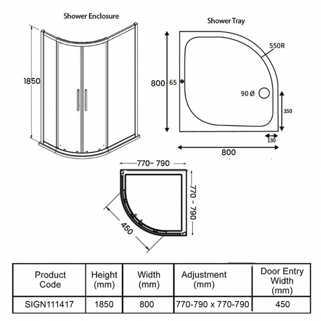 Signature Verve 2-Door Easy-Fit Quadrant Shower Enclosure with Tray 800mm x 800mm - 6mm Glass  | Dimension Image