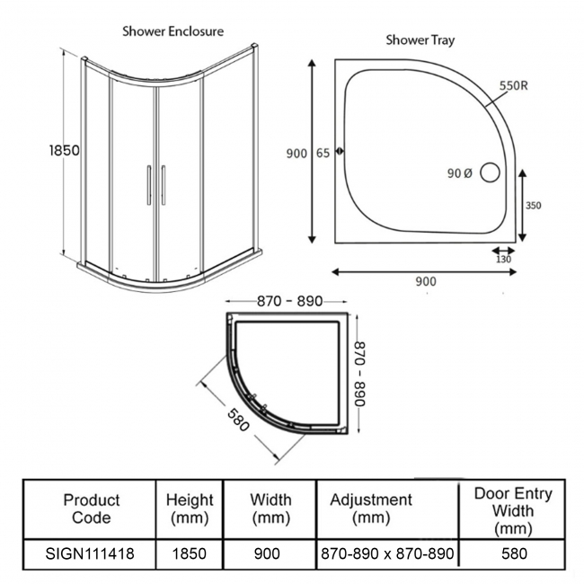 Signature Verve 2-Door Easy-Fit Quadrant Shower Enclosure with Tray 900mm x 900mm - 6mm Glass  | Dimension Image
