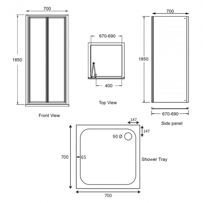 Signature Verve Bi-Fold Door Square Shower Enclosure with Tray 700mm x 700mm - 5mm Glass  | Dimension Image